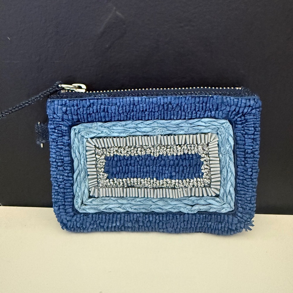 Chico's Beaded Raffia Denim Pouch Women Small Blue Excellent Zip Coin Purse
